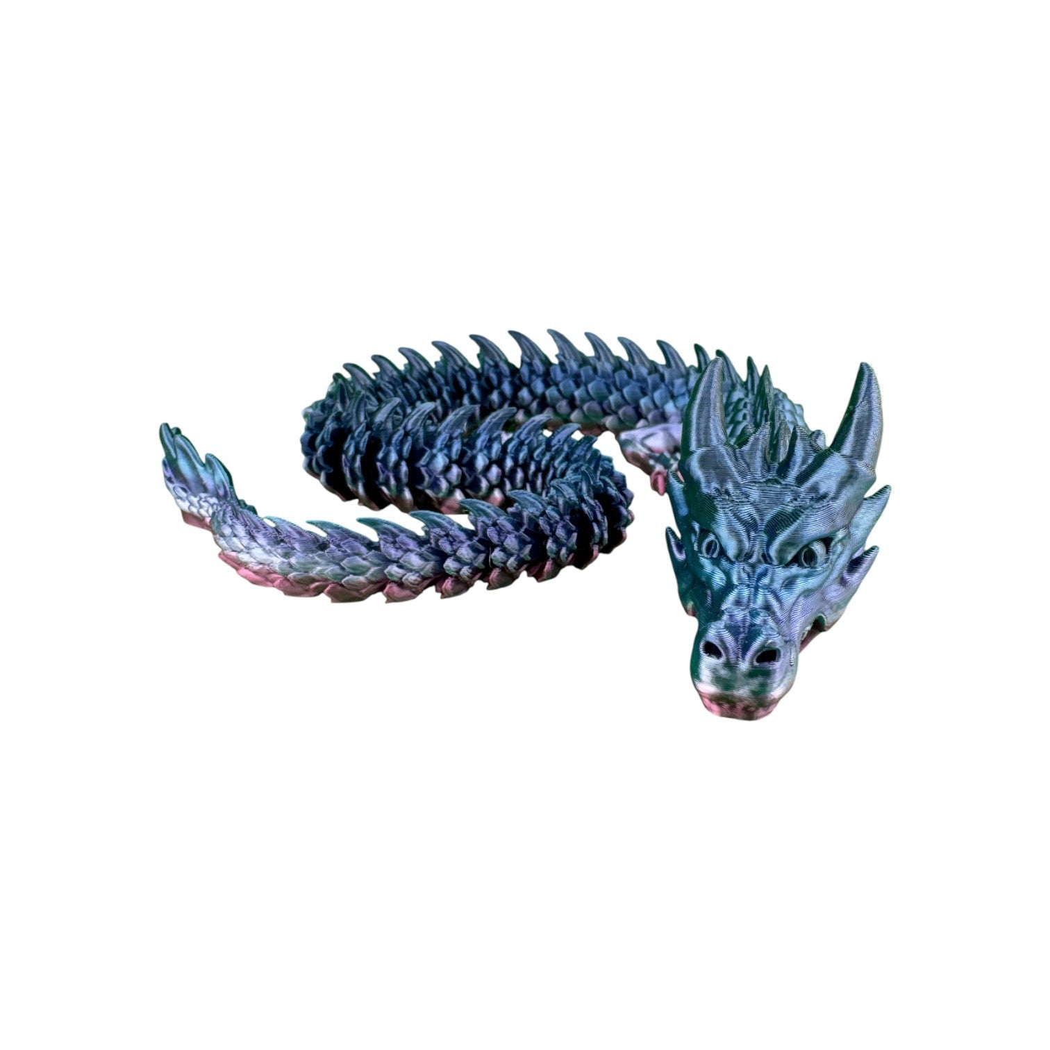 Articulated draak blauw-roze van PLA, 45x7x3,5 cm - heroaanzicht