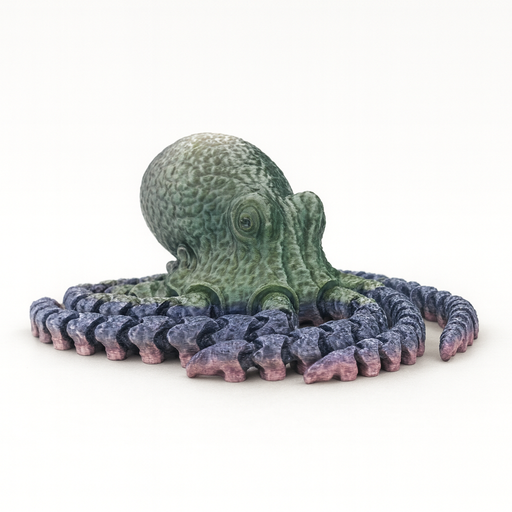 Articulated octopus groen-blauw-roze van PLA, 27x27x7,5 cm - heroaanzicht