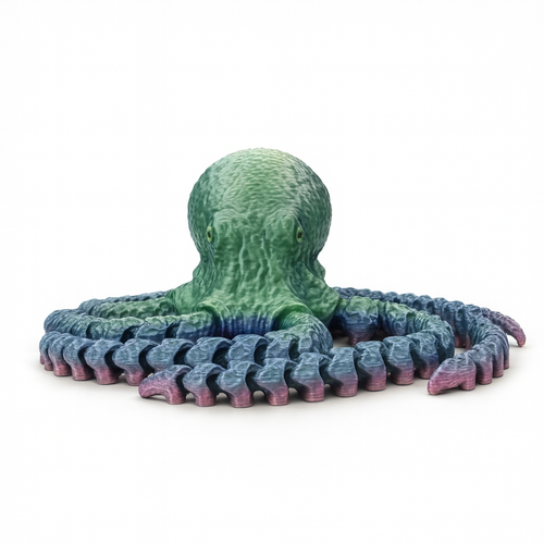 Articulated octopus groen-blauw-roze, 3D-geprinte kop en tentakels - frontaanzicht