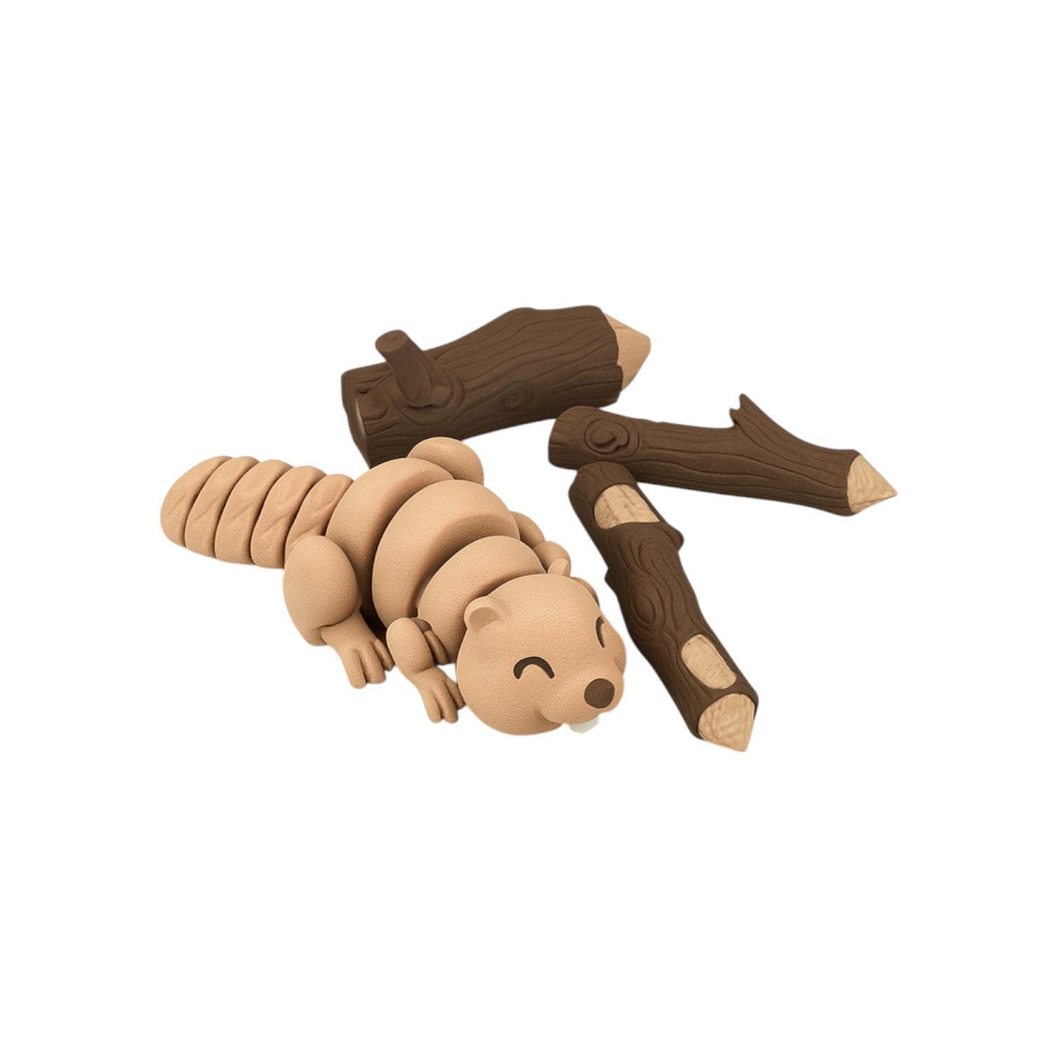 Articulated bezige bever lichtbruin 16 cm liggend met drie bruine boomstammen achter zich op witte achtergrond