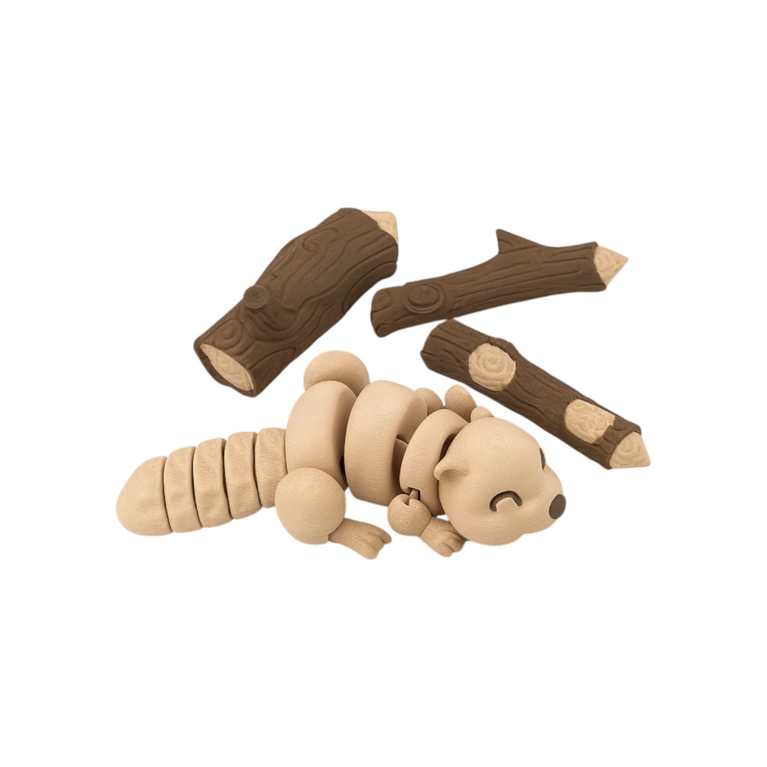 Articulated bezige bever lichtbruin 16 cm liggend tussen drie bruine boomstammetjes op witte achtergrond