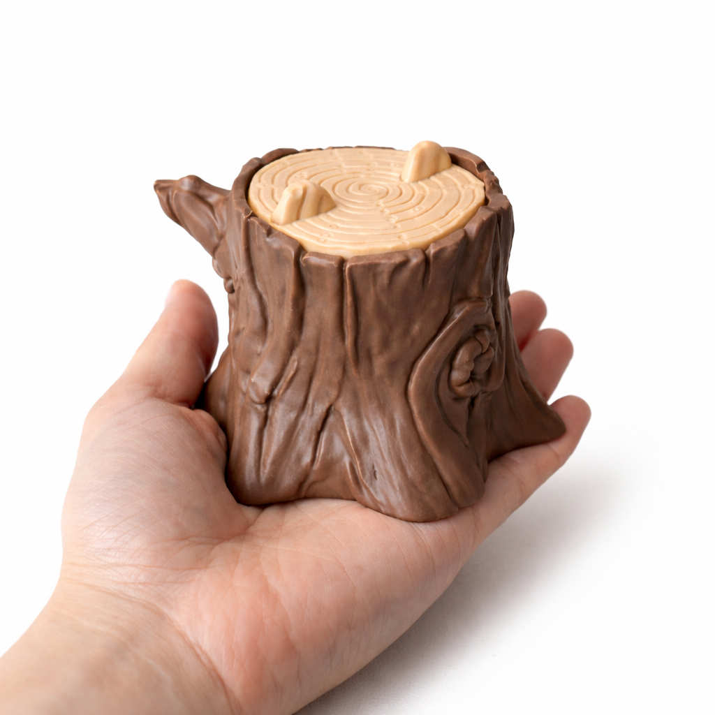 Boomstam bewaardoos zijaanzicht – houtstructuur, perspectief in hand