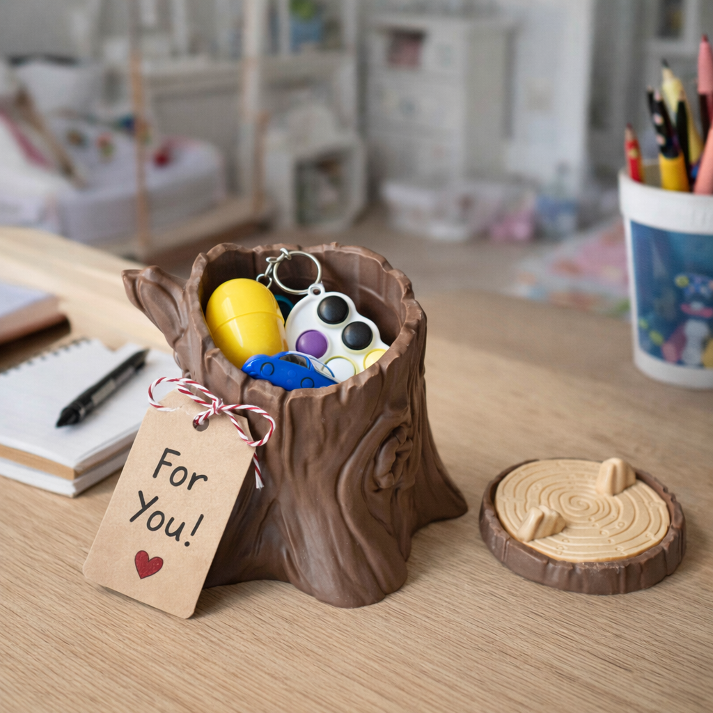 Boomstam container - op bureau met spulletjes