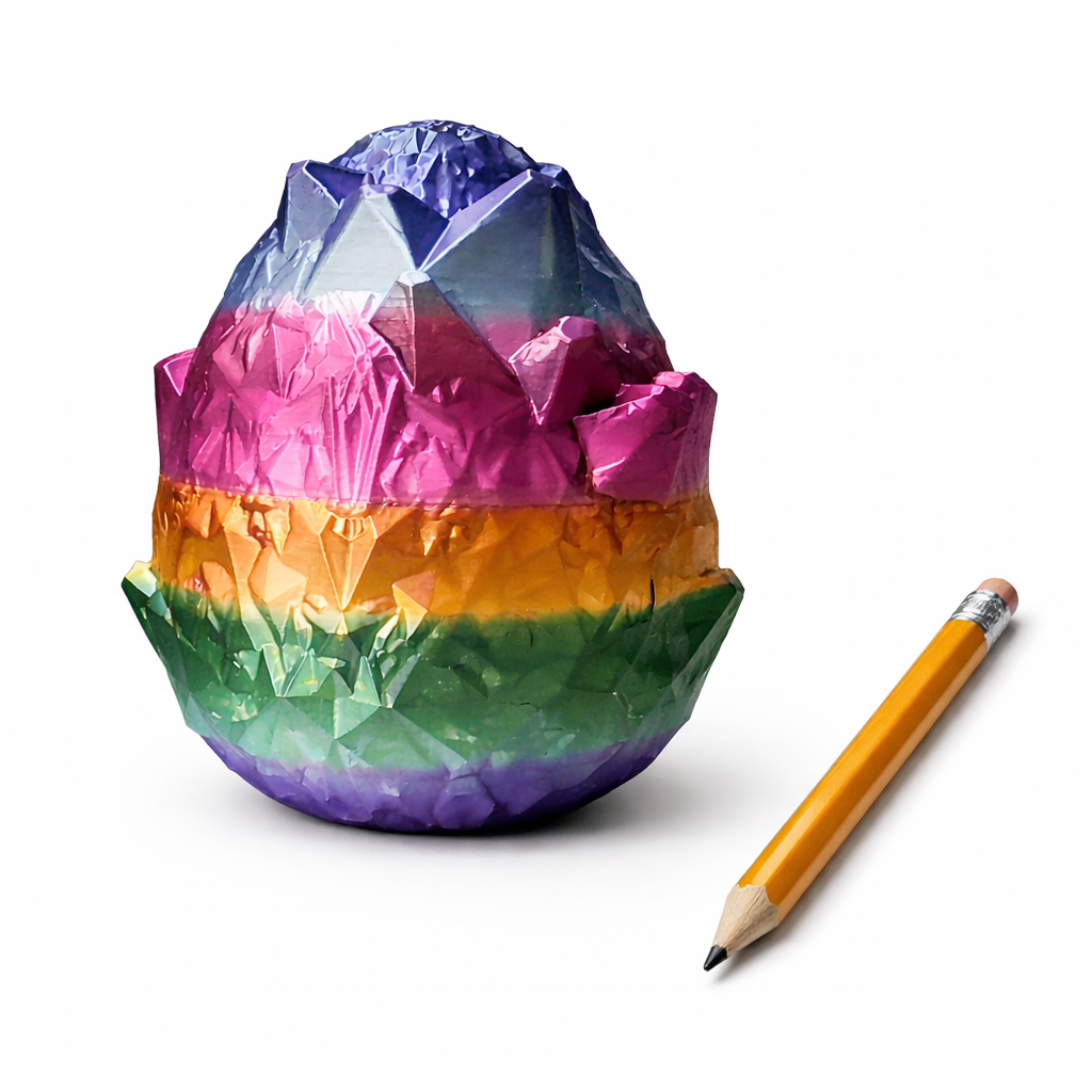 Regenboog kristal ei container naast een potlood als referentiepunt voor grootte