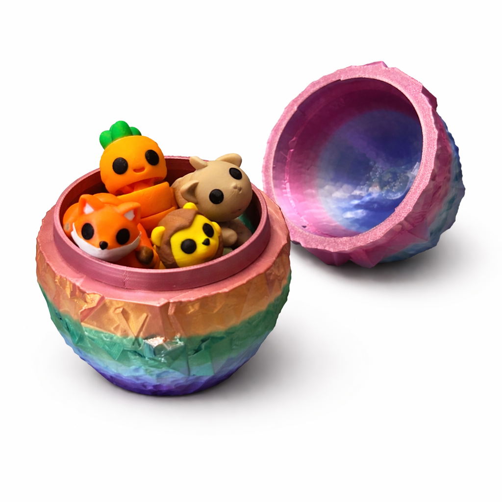 Regenboog kristal ei container, goepend en gevuld met speeltjes