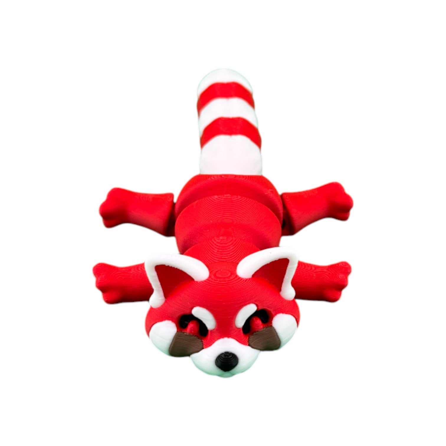 Articulated rode panda rood/wit/bruin 14 cm plat op buik liggend van boven met gestreepte staart