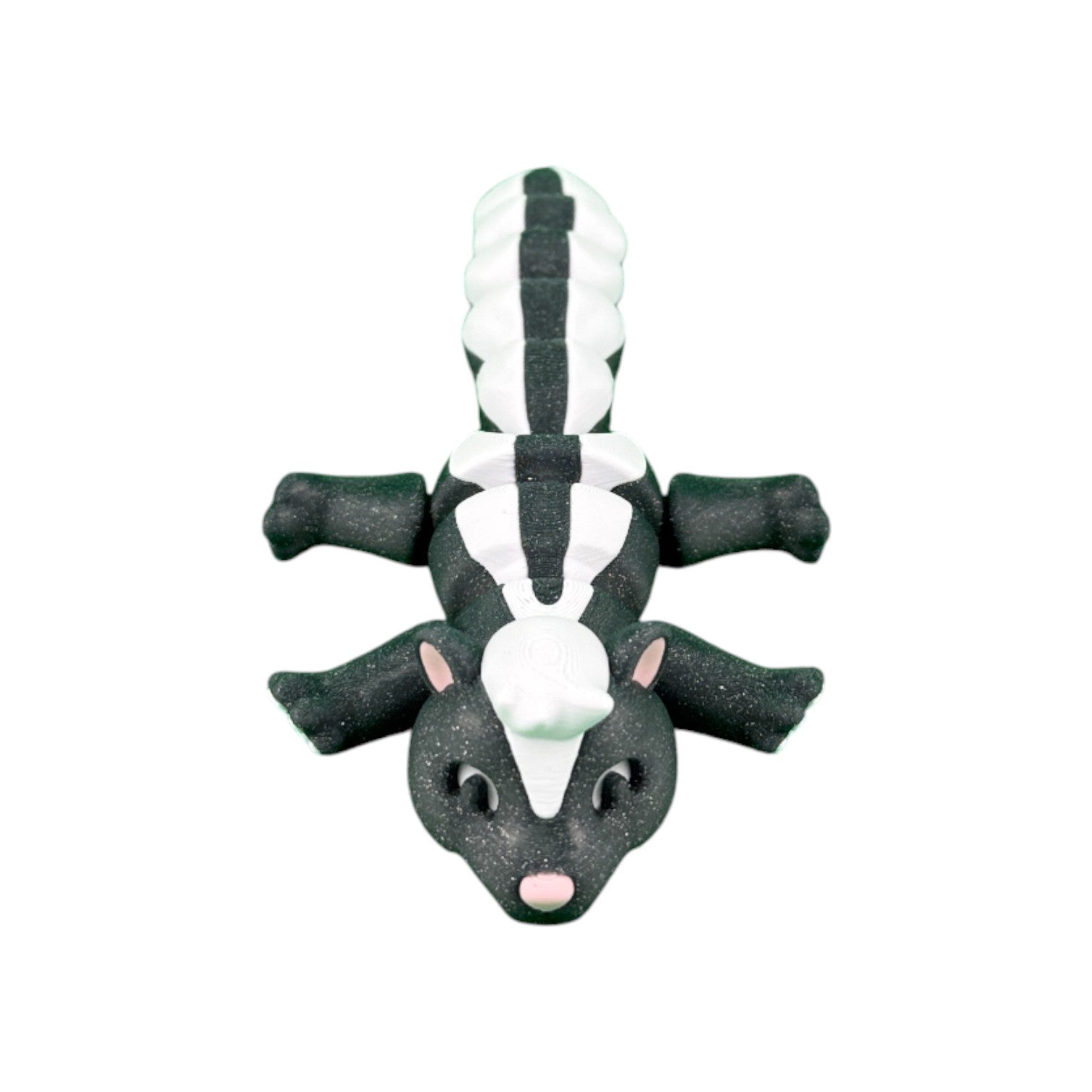 Articulated stinkdier grijs/wit/roze 15 cm plat op buik liggend van voren met witte streep