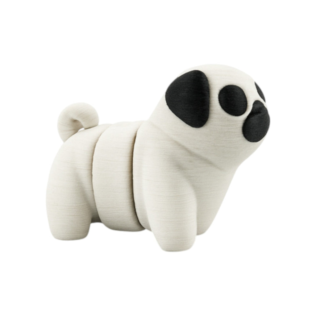 Tiny mopshondje lichtgrijs-zwart 4x2.5x3 cm zijaanzicht met beweegbare delen