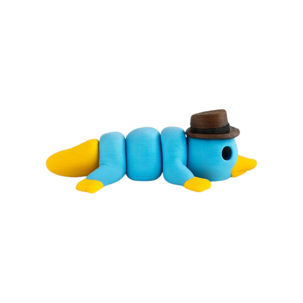 Tiny platypus lichtblauw/geel/bruin/zwart 5,5x3x1,5 cm – zij-/achteraanzicht met segment-lijfje
