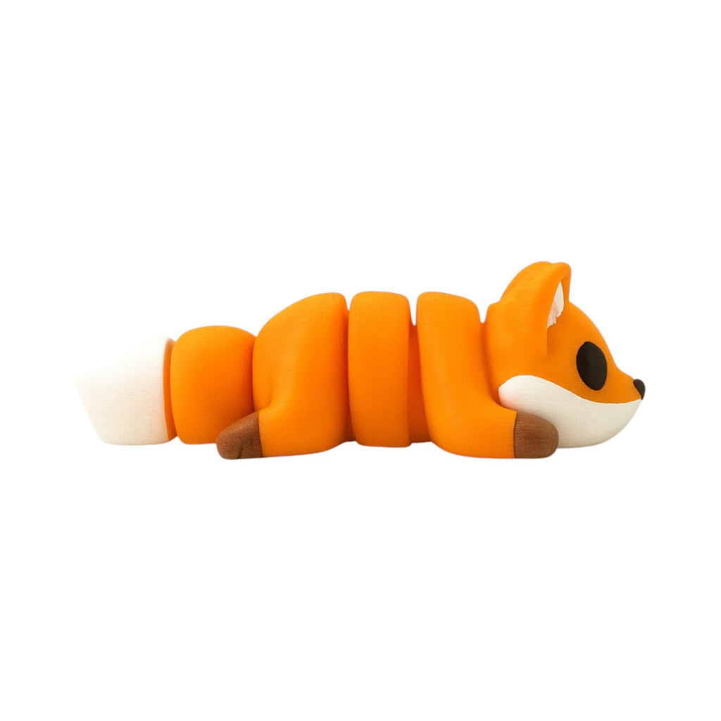 Tiny vos oranje liggend zijaanzicht met articulated segmenten en witte staartpunt 8,5x4x2,5 cm