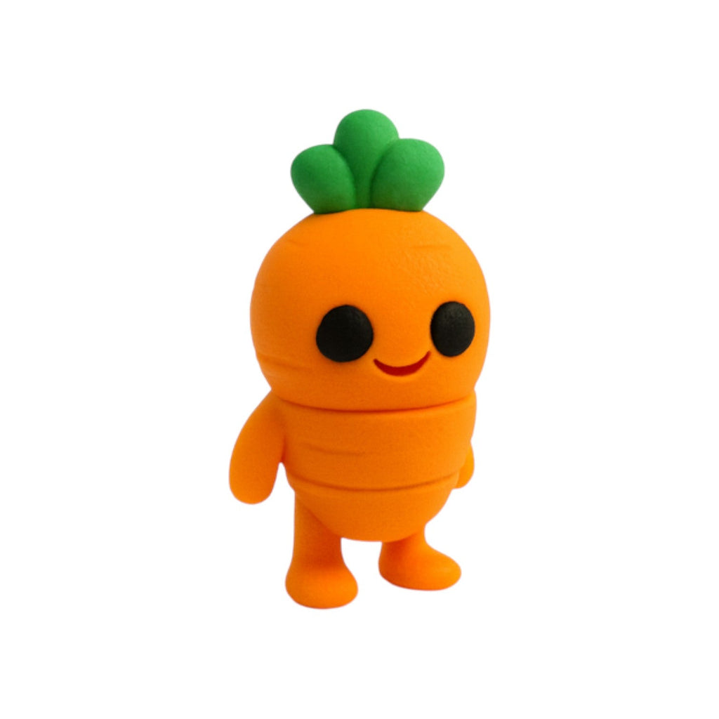 Beweegbare Tiny wortel oranje met groen loof en zwarte oogjes 6,5x3x2,5 cm schuin van voren op groene achtergrond