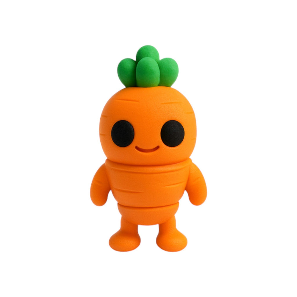 Tiny wortel oranje figuurtje recht van voren met groen loof en zwarte oogjes 6,5x3x2,5 cm