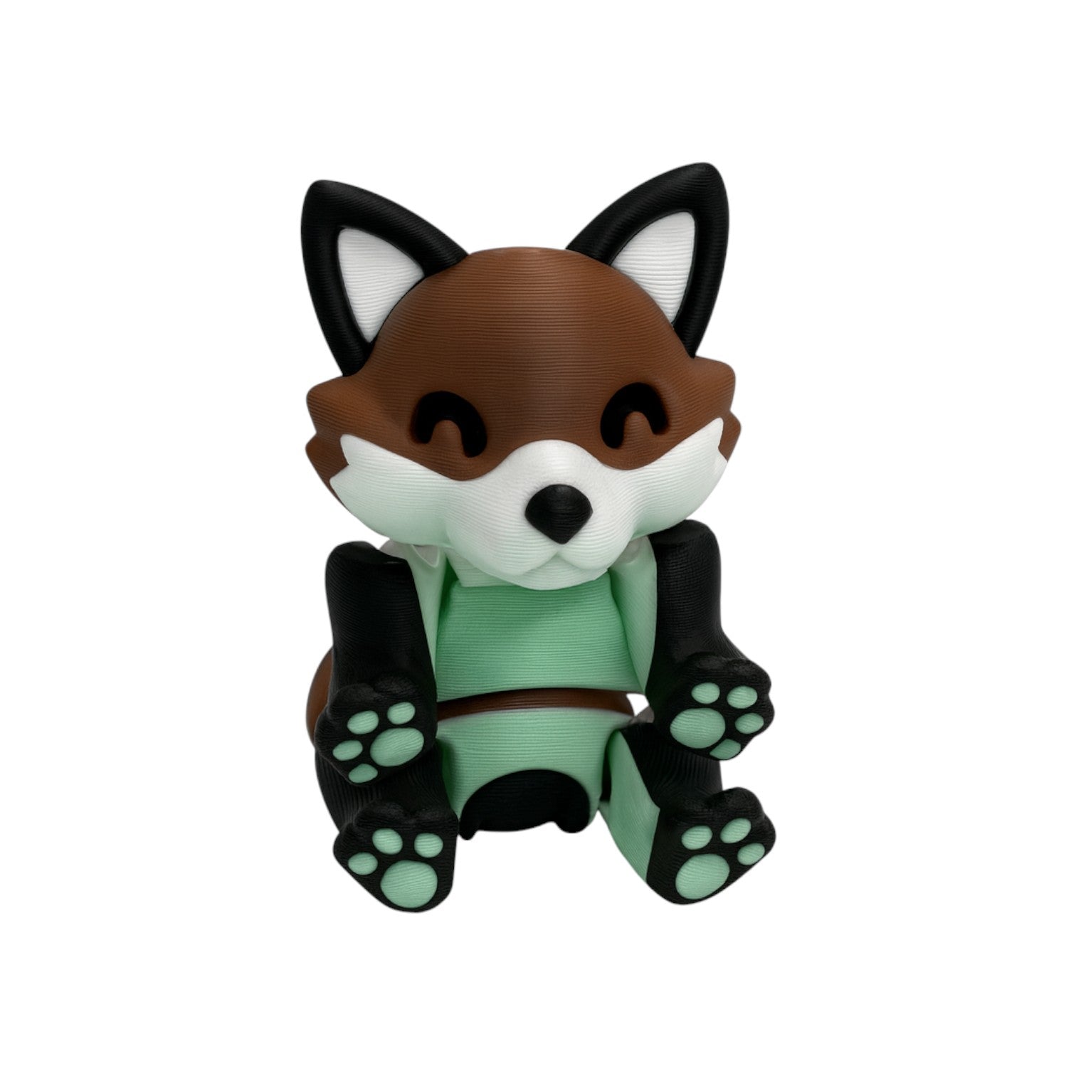 Articulated vos bruin/wit/zwart 14,5 cm plat op buik liggend van voren op witte achtergrond