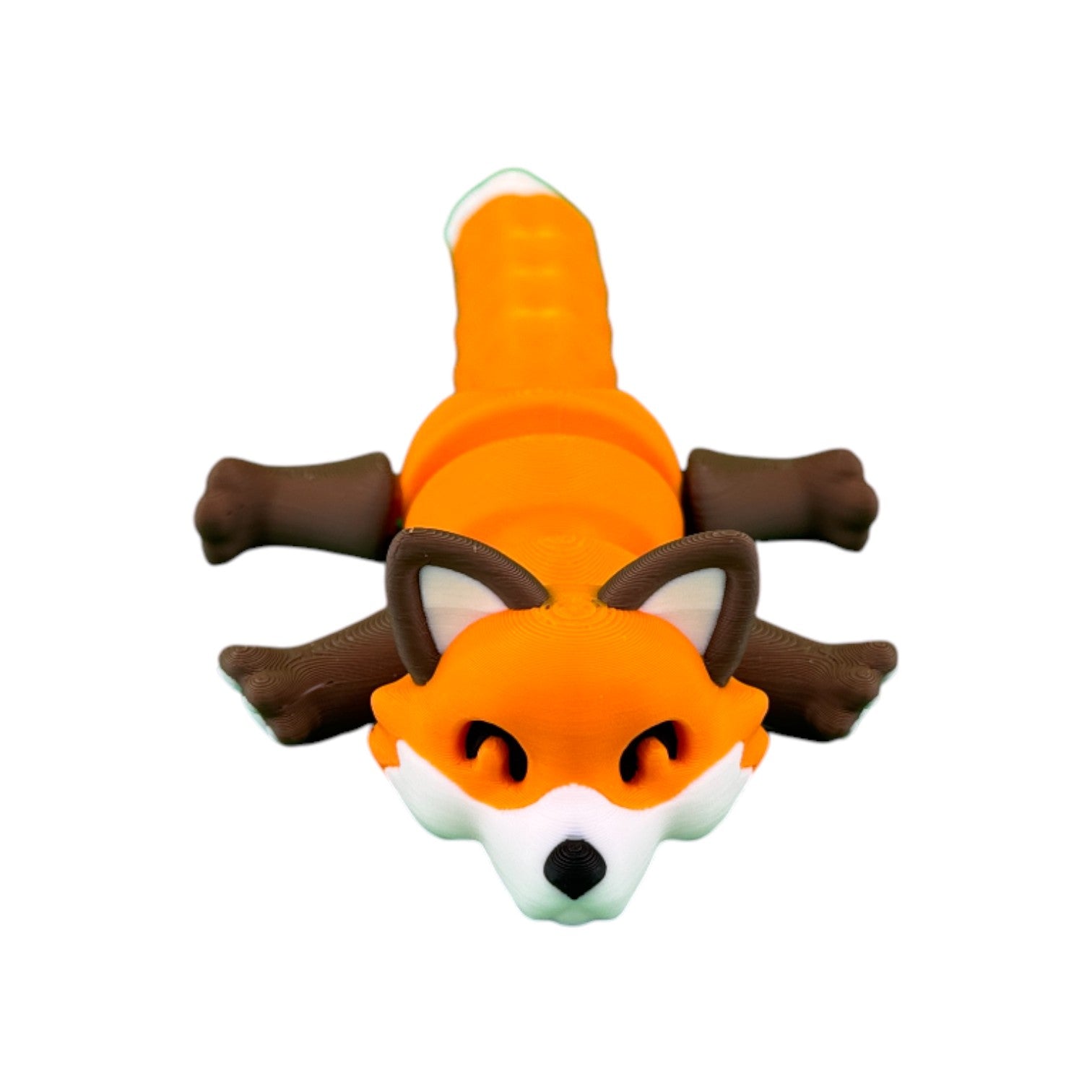 Articulated vos oranje/bruin/wit in zittende pose schuin vanaf de zijkant met lange staart